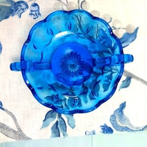 Vintage Anchor Hocking Blue pressed glass dish in Fairfield pattern